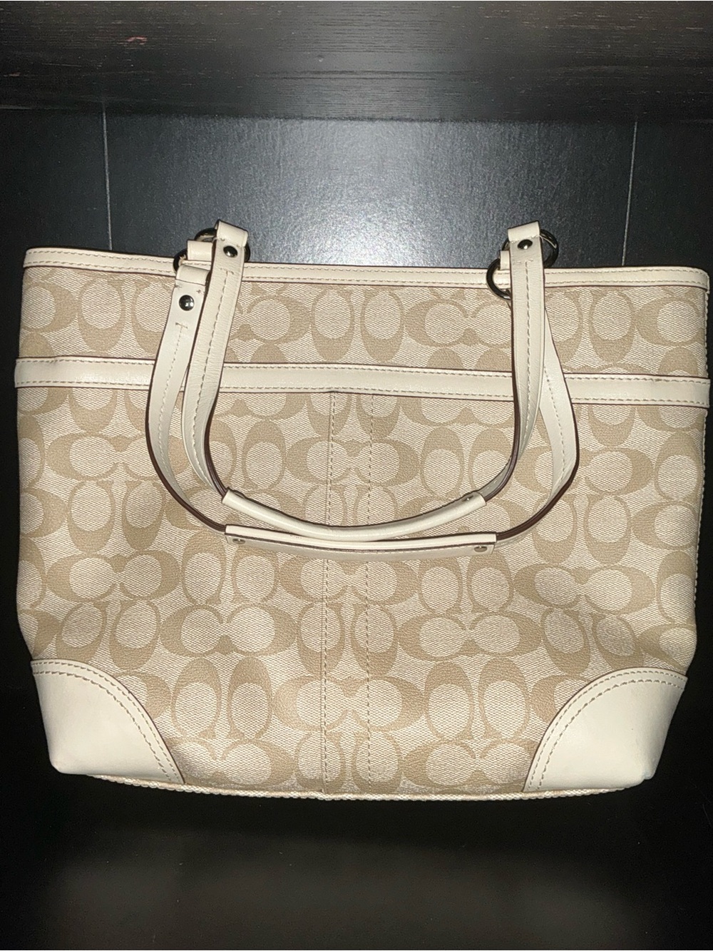Coach Beige Signature Canvas Tote with Pink & White Center Stripe - Picture 2 of 7